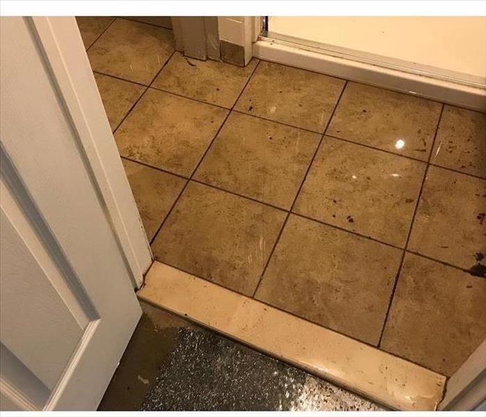 A tiled and carpeted bathroom floor underneath an inch of water from a burst pipe in the ceiling.