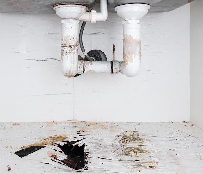 A leaking white pipe under a sink, showing the floor underneath warped and with holes.