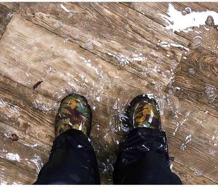 A photo of the lower half of a person in colorful rain boots standing ankle-deep in water on a hardwood floor.